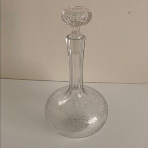 Vintage Crystal Glass Decanter Etched Flowers ivy leaves MCM 8” Tall w/ Stopper